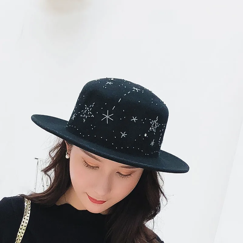 

Winter Derby Hats Trendy Embroidered Starry Wide Brim 100%Wool Felt Fedora Hats For Women Chapeau Fedoras Free Shipping