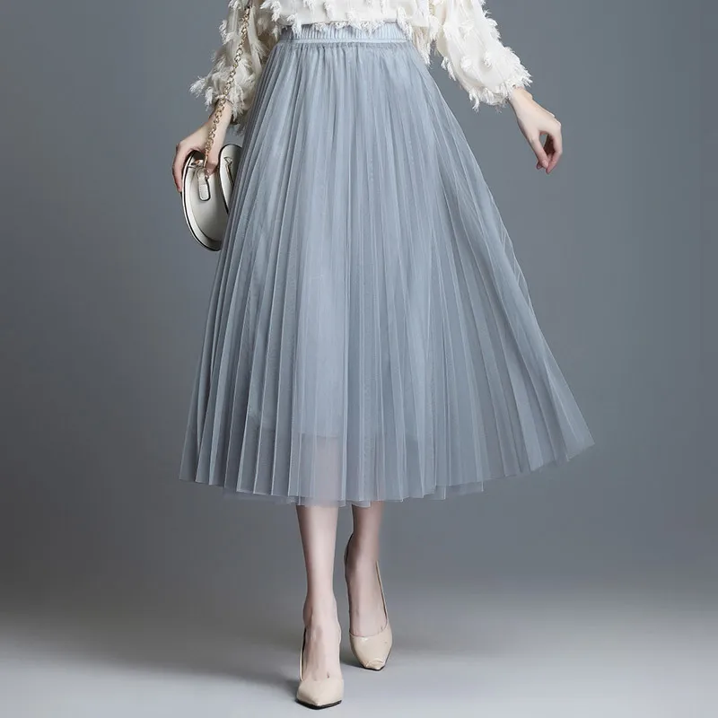 1610 летняя Корейская стильная миди плиссированная юбка для женщин с высокой талией трапециевидная Тюлевая юбка для взрослых Элегантный Эластичный Талия черный розовый