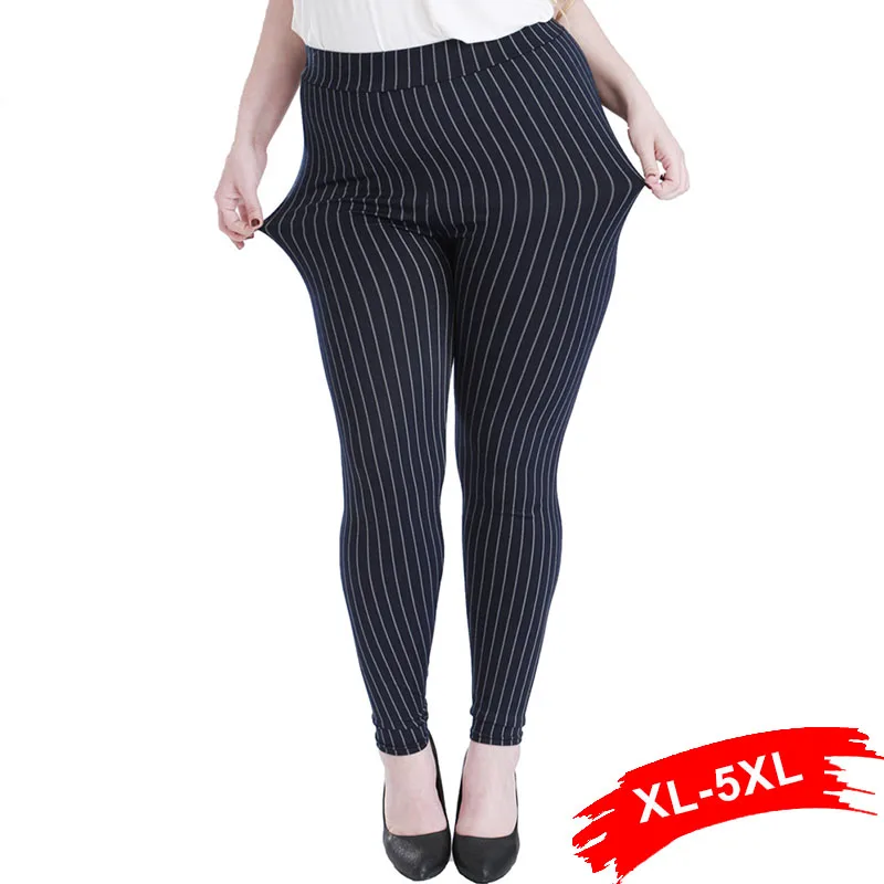 

Plus Size Blue Vertical Striped Skinny Pants 3Xl 5Xl Elegant Casual Straight Leg Mid Waist Trousers Women Autumn Skinny Pants