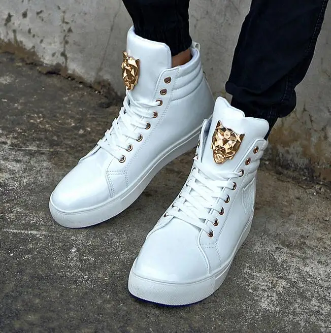 Fashion High Top Casual Shoes For Men PU Leather Lace Up Red White Black Color Mens Casual Shoes Men High Top Shoes
