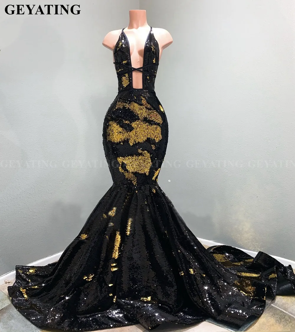 

Deep V-Neck Backless Black and Gold Mermaid Prom Dresses 2019 Sparkly Sequins Velvet Plus Size Long African Evening Formal Dress