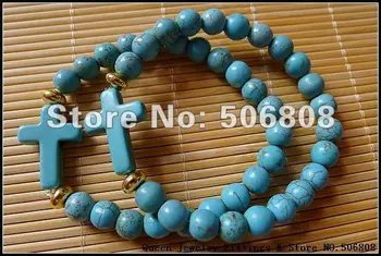 

Blue Color Beads and Cross Connector Jewelry Bracelet, Side Way Handmade Stretch Beaded Jewelry Bracelets 15PCS/LOT