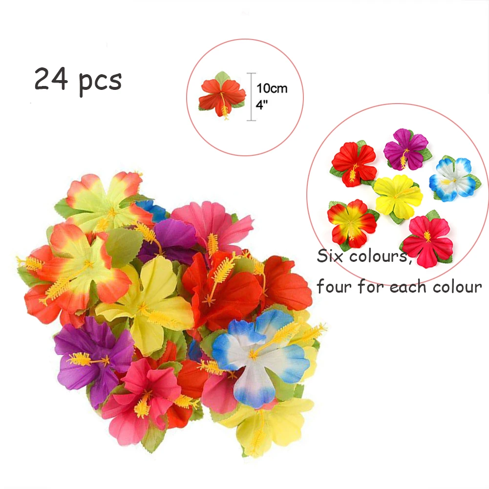 24pcs Hibiscus Flowers Hawaii Party Summer Party Diy Decorations Artificial Flowers Hula Girls Favor Hair Decoration Flower