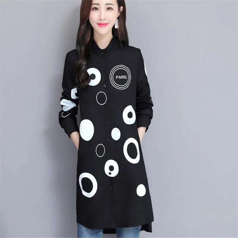 

Blusas color block white and black blouse new 2019 Korean version loose large size thin women's fashion long sleeved shirt dress