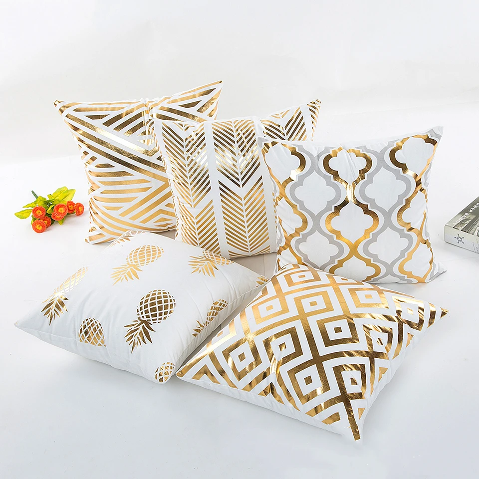 

Gold Bronzing Pillow Cases Luxury Geometric Pineapple Cotton Pillow Case White Bedroom Home Office Decorative Throw Pillowcases