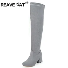 REAVE CAT/Большие размеры 34-43; женские ботинки; сапоги до колена на толстом каблуке; Zapatos femininos; повседневная обувь из флока на молнии без шнуровки; цвет черный, синий; A775