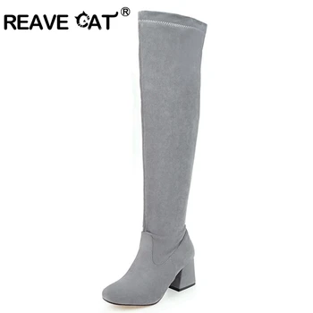 

REAVE CAT Plus size 34-43 Women boots knee High Thick Heel boots Zapatos femininos Flock Black Blue Casual Zipper Slip-on A775