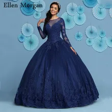 Темно-синие Бальные платья Длинные рукава v-образный вырез длина до пола аппликации кружева сладкий 15 16 Выпускные платья
