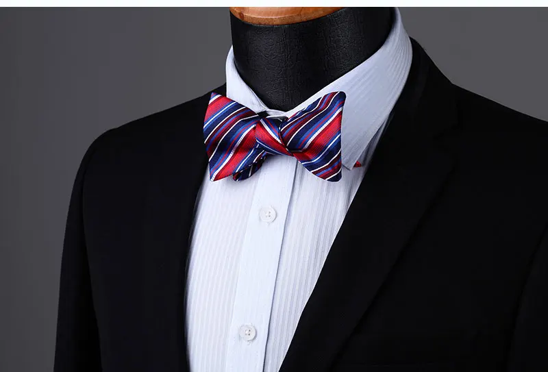 Men Woven Party Wedding Red Blue White Striped Self Bow Tie Pocket Square Set#BS610RS Bow Tie handkerchief set