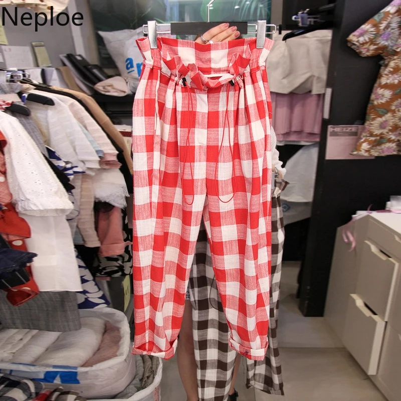 

Neploe Summer Fashion Women Casual Pants Clothes Plaid Female Harem Pants Loose High Waist Drawstring Cotton Trousers 39800