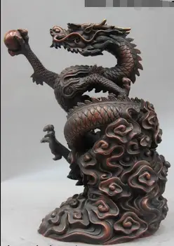 

China Bronze Copper Feng Shui Mascot Clouds Dragon Hold Bead Statue Sculpture
