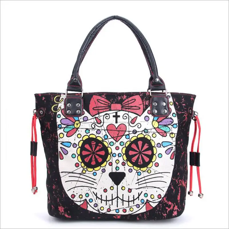 

Women Lady Girl Sugar Skull Kitty Cat Candy Handbag School Shoulder Bag Gothic Punk Rockabilly