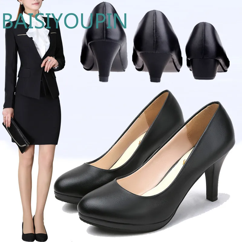 

Plus Size Solid Casual Women Pumps Fashion Shallow Platform Slip-On Round Toe PU Leather 1CM-10CM Thin High Heels Female Shoes