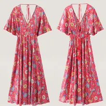 Vestido длинное платье с цветочным принтом в богемном стиле ретро Макси сексуальное платье этническом глубокий v-образным вырезом Цветочный принт Пляжные наряды Boho Хиппи Халат
