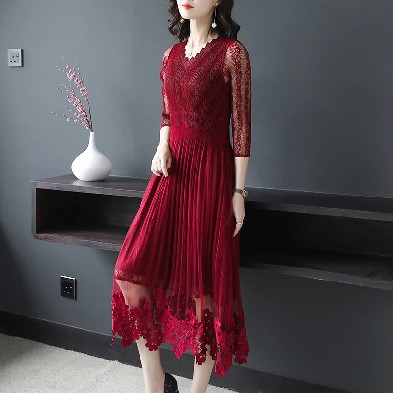 

2019 new women's clothing summer fashion v-neck embroidery three-quarter sleeves hollow out mesh patchwork vintage long dress