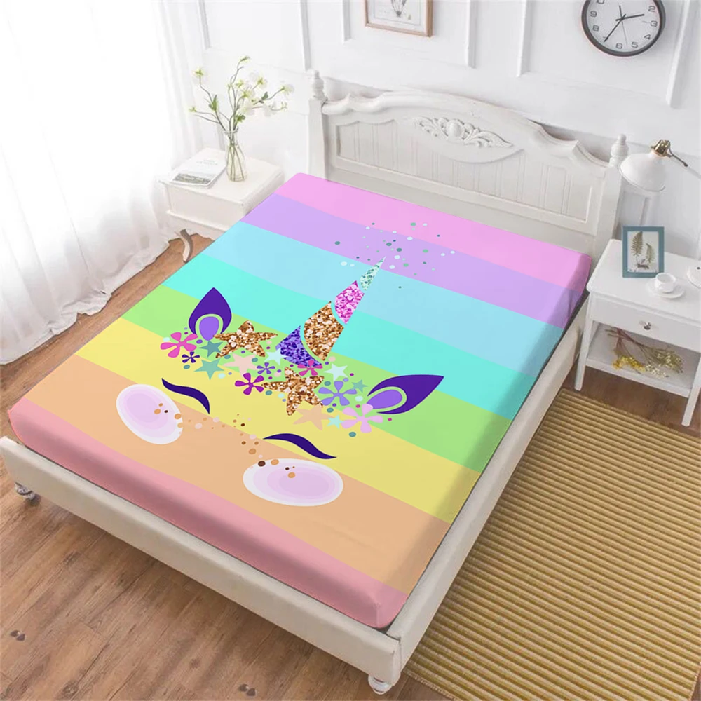 

Lovely Rainbow Unicorn Bed Sheet Colorful Cartoon Fitted Sheet Twin Full Queen King Bedding Girls Princess Bedclothes D35