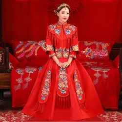 Невесты китайский стиль Cheongsam свадебное вечернее платье Винтаж Женская Вышивка длинное Ципао платья для вечеринок Одежда S-XXL