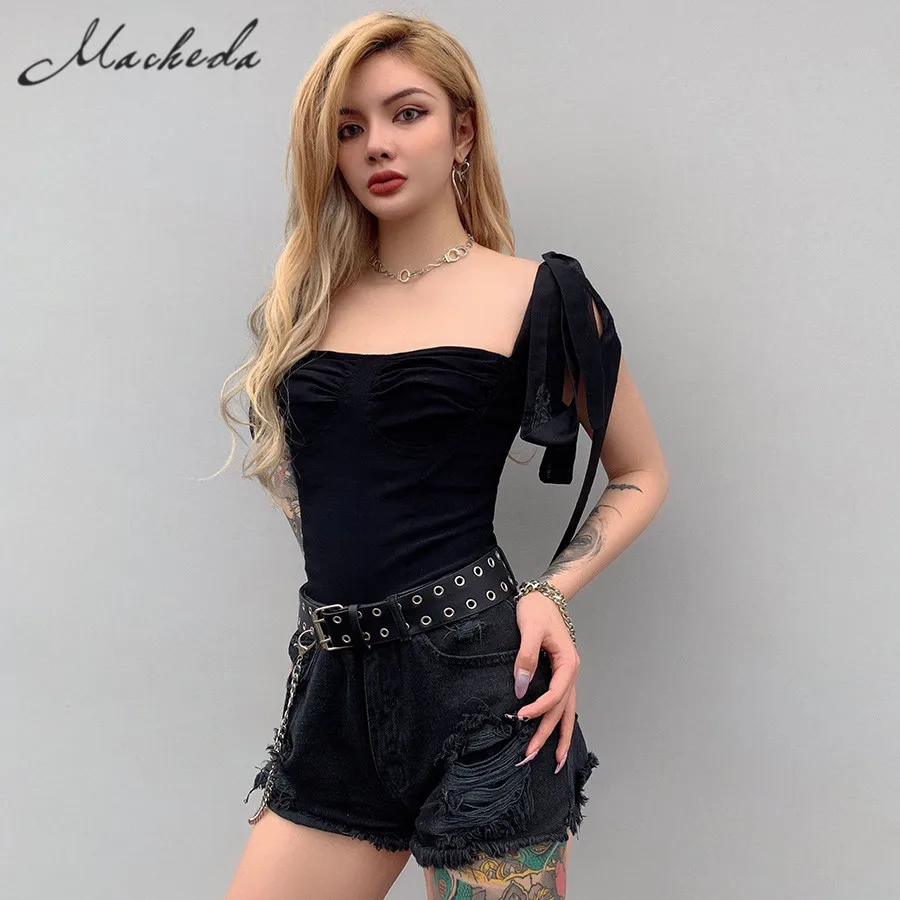 Женский короткий модный летниий топ без рукавов на больших бретелях шнуровкой