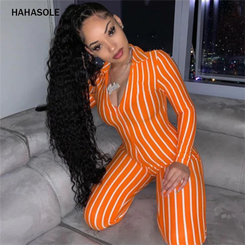 

HAHASOLE Sexy Female V Neck One-Piece Yoga Wear Bodysuit Ombre Seamless Orange stripes Women Fitness Jumpsuit HWA4227-4