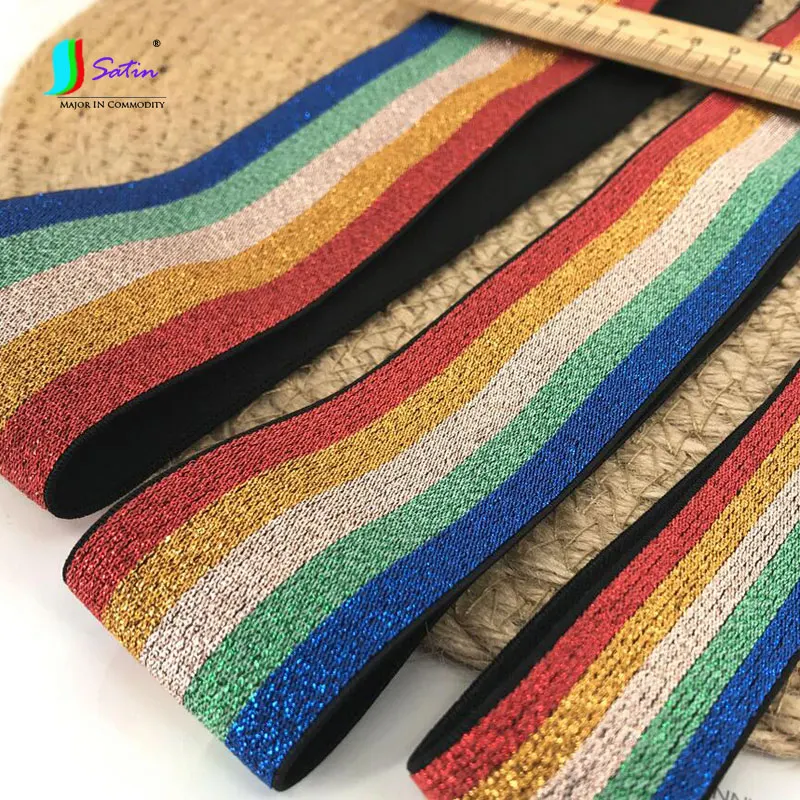 Rainbow Ccolor Thick Wide Striped Elastic Band, Clothes Pants Waistband