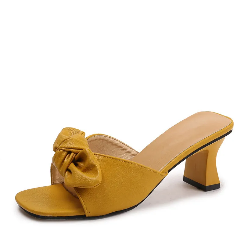 

Women Sexy High Heels Slippers 2019 Summer Square Heel Shoes Woman Slip On Bowknot Sandals Female Fashion Slides Ladies Footwear