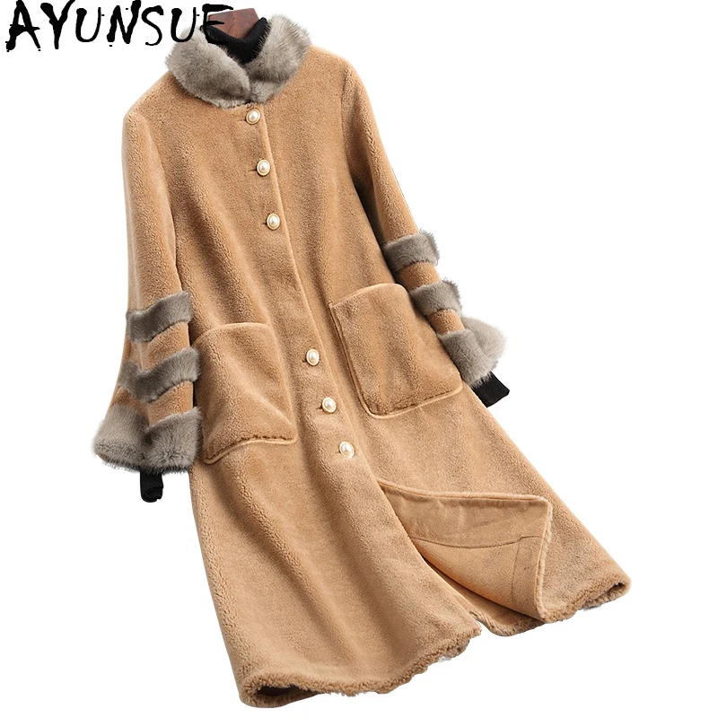 AYUNSUE Women's Lamb Fur Coats Long Sheep Shearing Real Wool Fur Coat