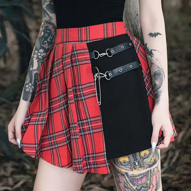 

Summer Gothic Red Punk Sexy Club Plus Size Mini Skirts Womens Aline Plaid Asymmetric Goth Chic Harajuku streetwear Female Skirts