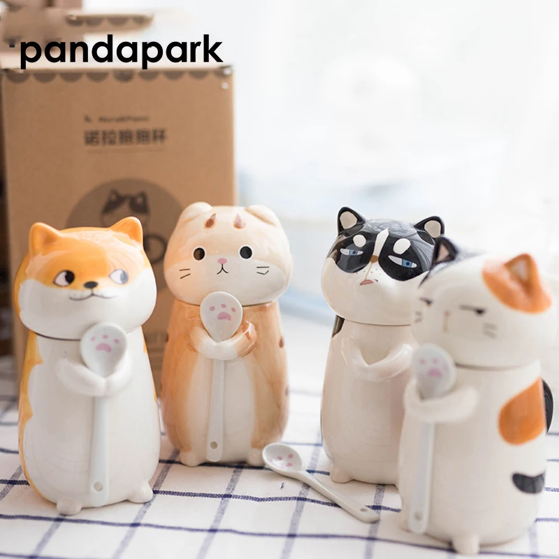 Pandapark Милая креативная мультяшная кофейная кружка, керамическая индивидуальная чашка с ложкой, Офисная молочная кофейная кружка, кружка для завтрака PPX015