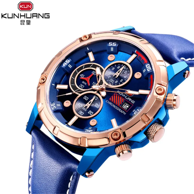 

KUNHUANG Brand Men's Watch High Quality Leather Strap Quartz Watch Waterproof Multifunction Calendar Gift Watches