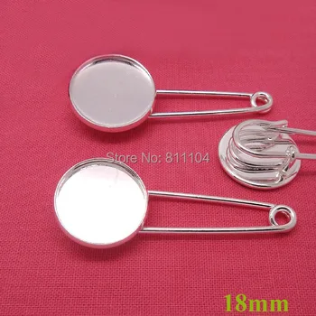 

18mm Silver Plated Brass Blank Round Bezel Tray Cameo Cabochon Brooch Bases Safety-pin Clip Brooches Settings Findings