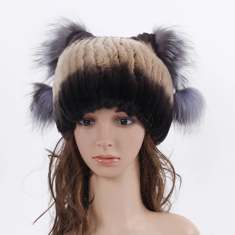 

The new high-quality Russia beanies fur hat for women knitted rex rabbit fur hat with sliver fox fur top free size women's hat