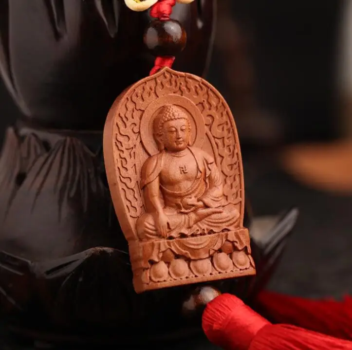 

Chinese Peach Wood Carved Lotus Flower Buddha Tathagata Safe And Good Luck Card Exquisite Car Interior Trim Pendant