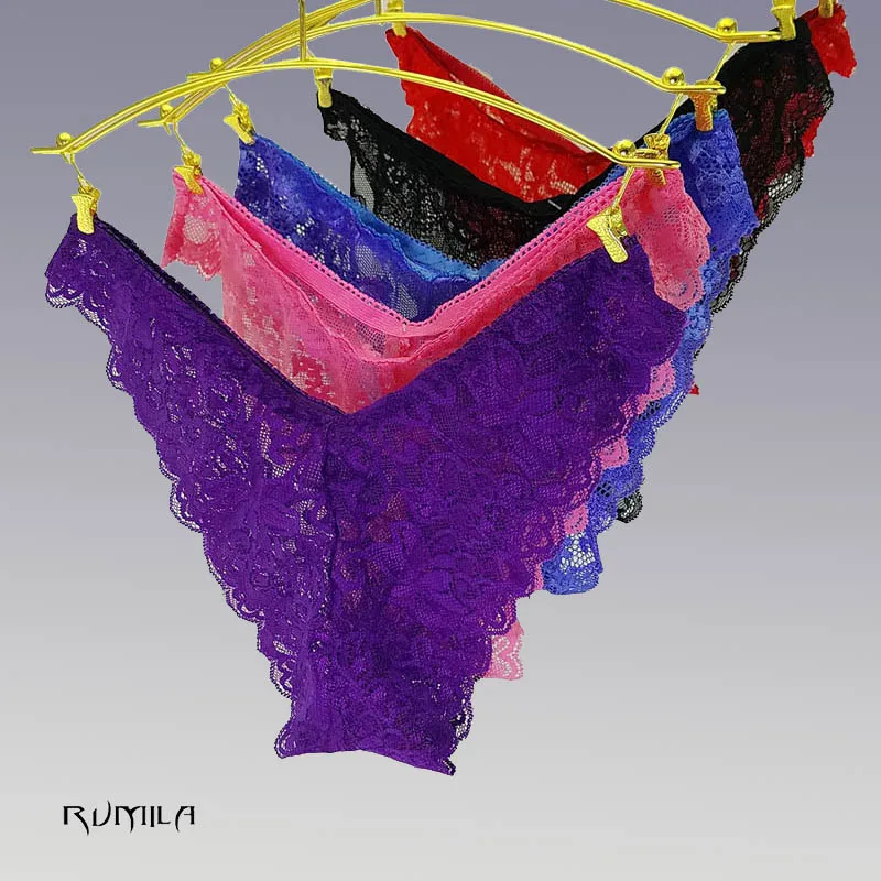 Ropa interior sexy de encaje de algodón para mujer, bragas de colores