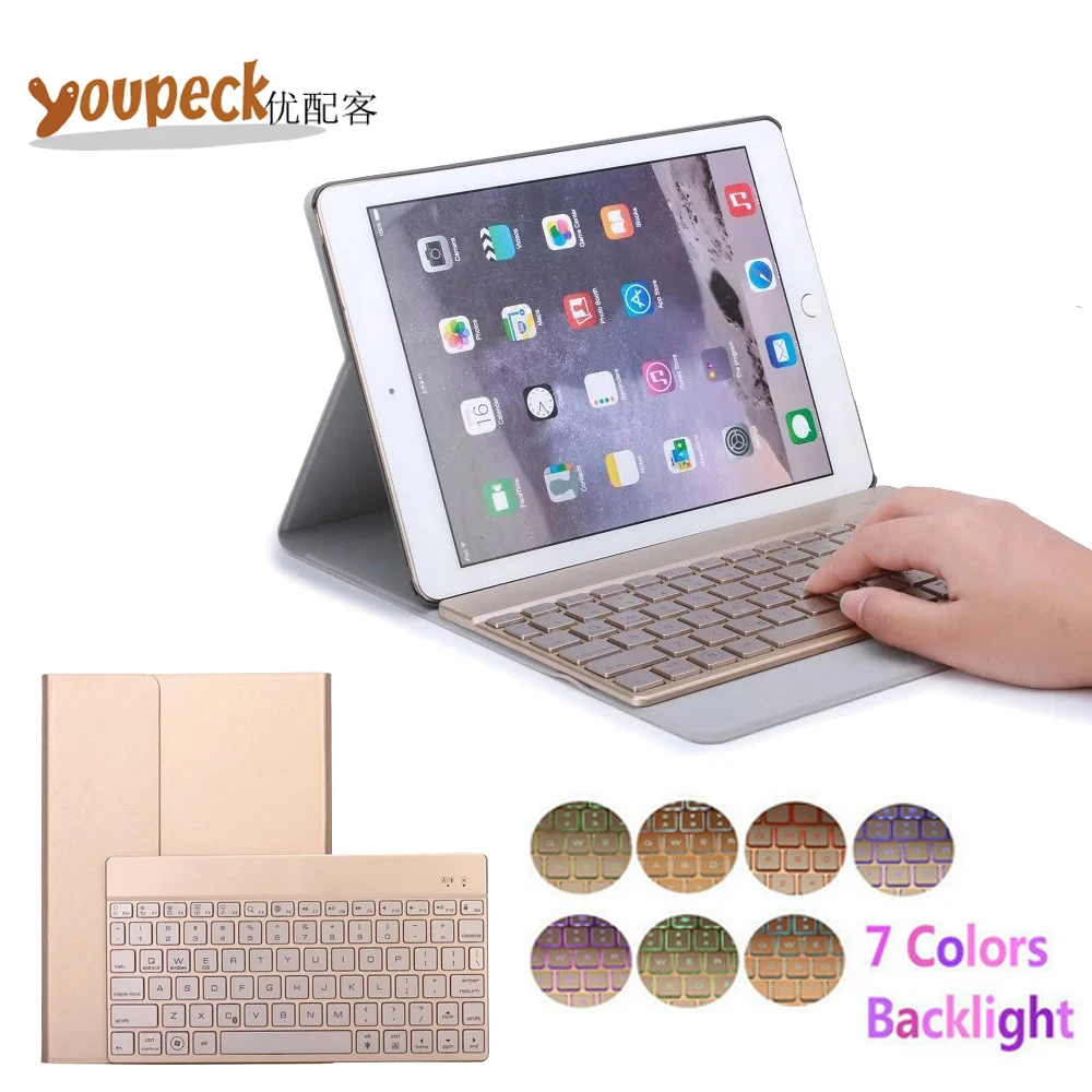

Ultra Thin Pu Leather Bluetooth Keyboard Case for Apple iPad Air 2 9.7'' Cover w/ 7 Colors Back light Wireless Bluetooth Keypad