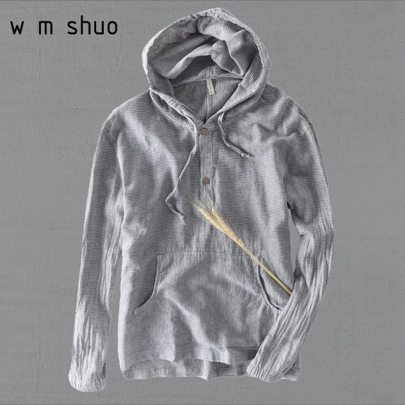

WMSHUO 2018 Summer 100%Linen Hooded Long Sleeve T Shirts Men Casual Loose Solid White T-shirts M-XXXL Y511