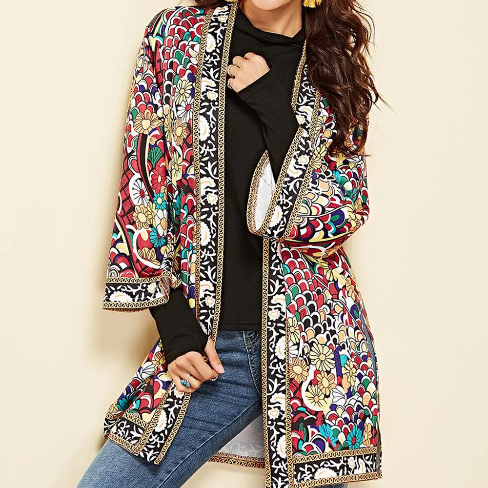 Bohemian Cardigan Vintage Print Loose Summer Jacket Kimono Coat Long Sleeve Vocation Beach Cover Up Tops Outfits Floral |