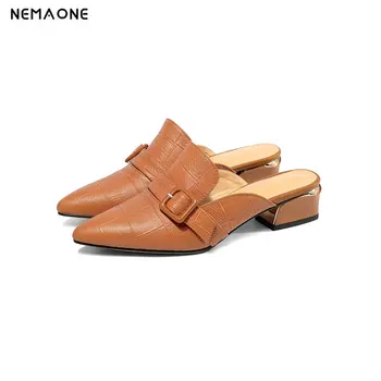 

NEMWONE Elegant Women shoes Genuine Leather low heels slippers Party Spring Summer Shoes Woman Basic Solid Square Heels Mules