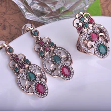 Blucome Green Resin Earrings Ring Set Water Drop Big Size Turkish Jewelry Set Vintage Party Rings