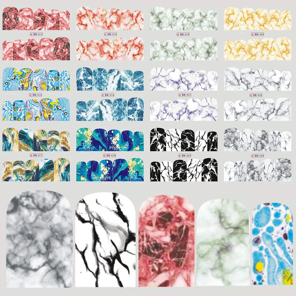 

12pcs Nail Sticker Water Decals Colorful Marble Pattern Nail Art Transfer Stickers Nail Tips Full Wraps Nail Decor BEBN613-624