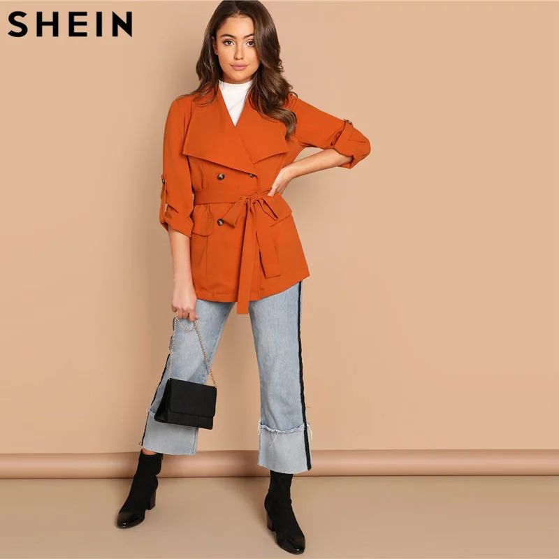 SHEIN Укороченный Плащ С Поясом И Пуговицами, Жакет С Длинным Рукавом, Легкое Двубортное Пальто