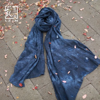 

LZJN Tie Dye Linen Scarf Women Shawl Ethnic Long Scarves Ladies Tippet Embroidey Blue Neckerchief Bandana Mujer Wrap 192*62cm