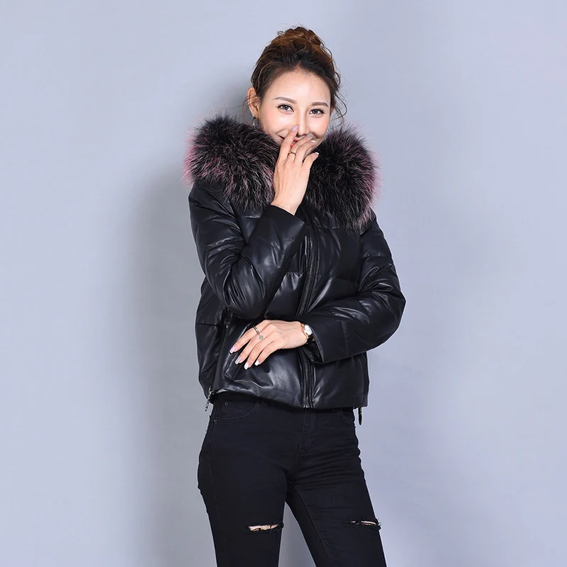 Настоящая овчина, пальто, зимняя куртка, женский корейский пуховик, енот, меховой воротник, натуральная кожа, куртка размера плюс ML1729 MY2023