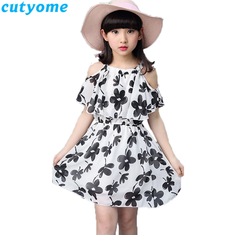 Cutyome Big Girls Shoulder Off Beach Dresses 10 13 14 16 Years Summer Kids Sleeveless Floral Printed Holidays Dress Teen Clothes