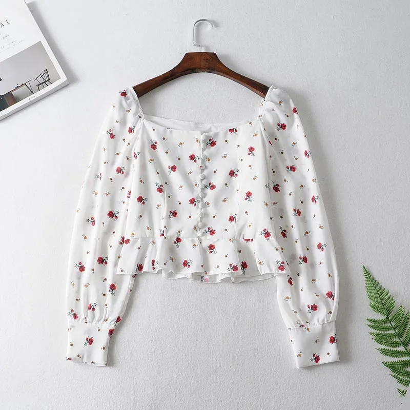

CS977 Women Sweet Square Neck Curt Red Floral Print Buttons Deco Ruffles Sweep Shirts long Sleeve Short Blouse