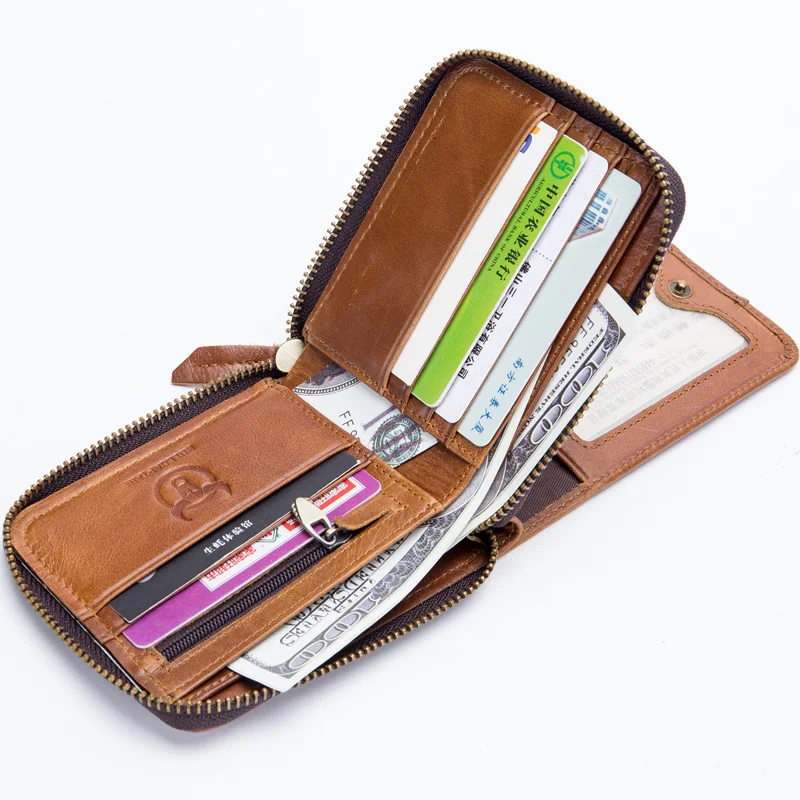 Genuine Leather Men's Wallets Small Coin Pocket Purse Retro Zipper Wallet Cowhide Leather Card Holder Pocket Purse Men Wallets