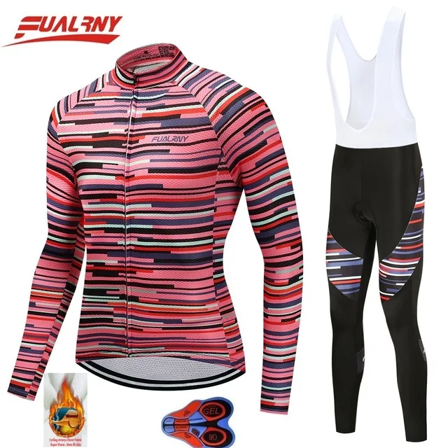 

Long sleeve Ropa Ciclismo Cycling Jersey sets/winter Thermal Fleece Clothing Bike Clothes For Man 2018 Team FUALRNY Red stripe