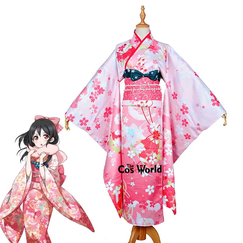 Love Live Nico Yazawa Новогоднее Розовое Кимоно юката с цветочным рисунком наряд для