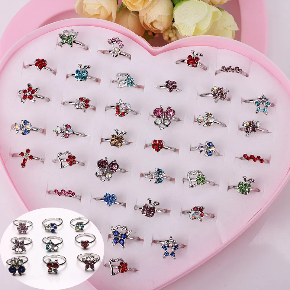 

Wholesale Mixed Assorted Cartoon Crystal Silver Rings Baby Kids Girls Mix Styles Party Child Gift Jewelry With Display Box