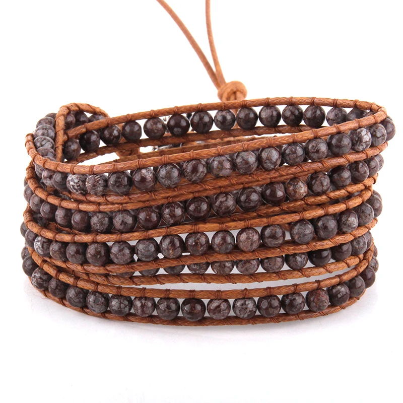 Модные женские ювелирные изделия коричневый кожаный браслет ручной работы 5 нитей 4 мм натуральные камни обертывание браслеты Прямая поставка