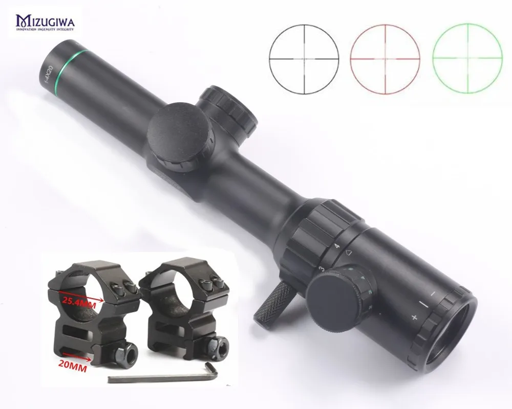 

Hunting Air Rifle Scope Green Red Illuminated 1-4x20 BDC Reticle Rifle scope Sight with 25.4mm Scope Rings 20mm Rail caza
